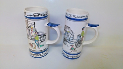 2 Rye Pottery London to Brighton Oldtimer Autorennen Bierkrüge 18 cm hoch.