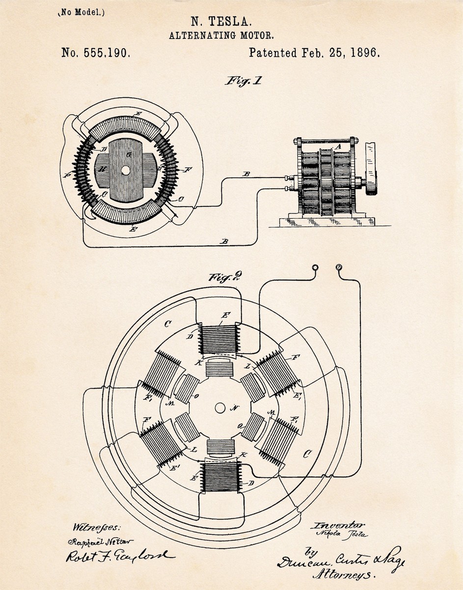 Tesla Patent Alternating Motor Drawing 1896 Invention Art