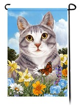 Tuxedo Blue and White Cat Summer Flowers Garden Flag