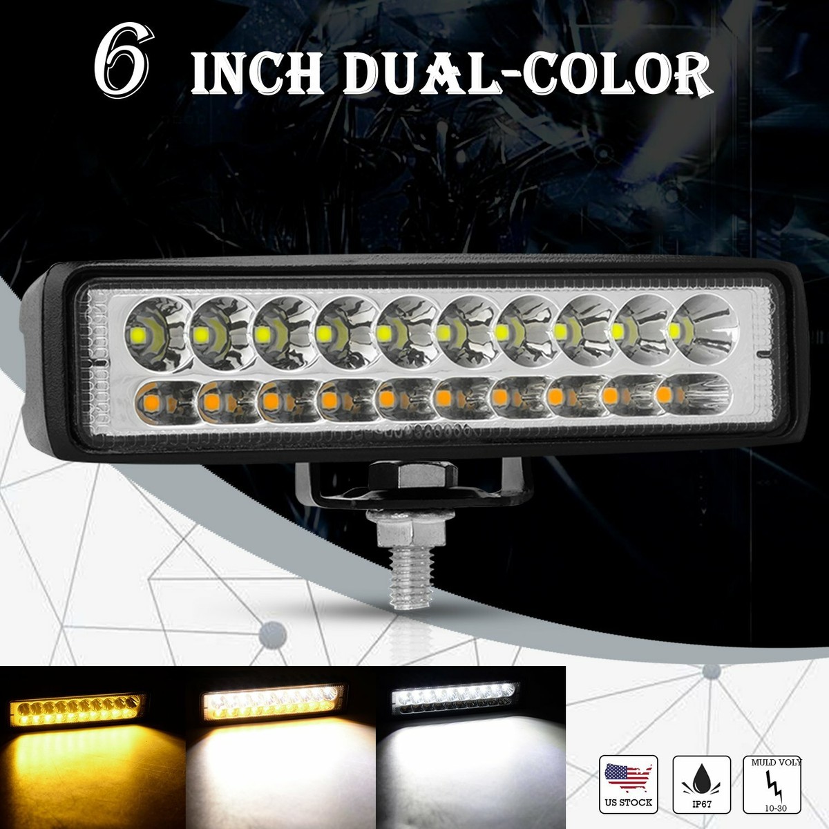 Aaiwa 6 Inch LED Work Light Bar – White/Amber Combo, Spot/Flood, 30W, 3200LM, IP68, 3-Year Warranty