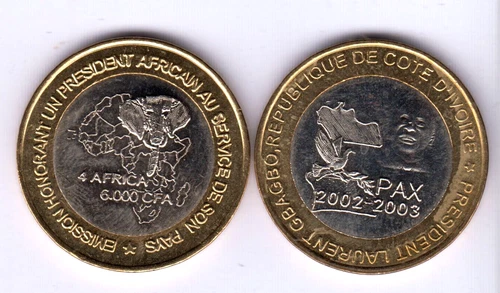 IVORY COAST 6000 CFA 2003 bimetal President Gbagbo, not legal tender coinage