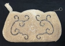 Beaded clutch purse, beige  gray glass beads, Art Nouveau style, zippered, vtg