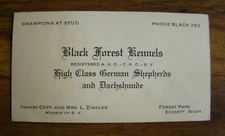 1940s Black Forest Kennels Business Card Everett WA German Shepherd Dachshunde