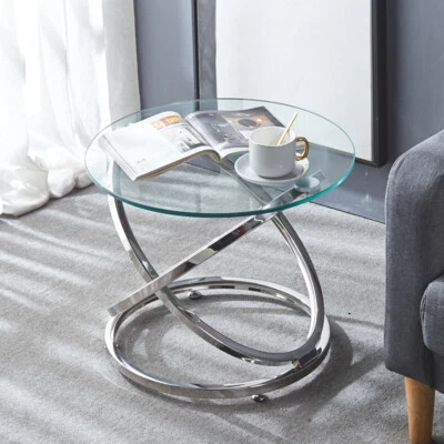 Tempered Glass Coffee Table Round Sofa Side Table Living Room Silver Metal Frame