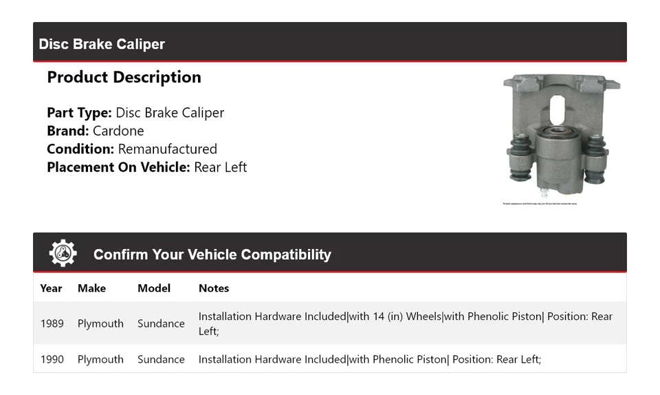Pinza de freno de disco trasera izquierda Cardone para Plymouth Sundance 1989-1990 Foto 2 de 4