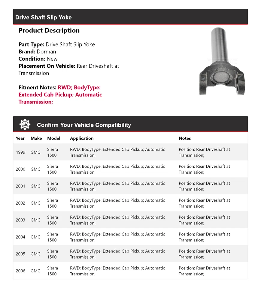 For 1999-2006 GMC Sierra 1500 RWD Extended Cab  Dorman Drive Shaft Slip Yoke - Image 2 of 4