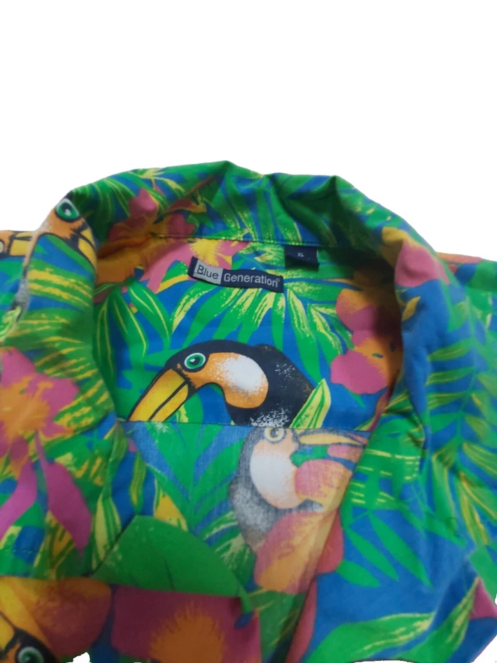 Mens tropical short sleeve shirt pocket button down tucan bird blue green XL - Image 3 of 4