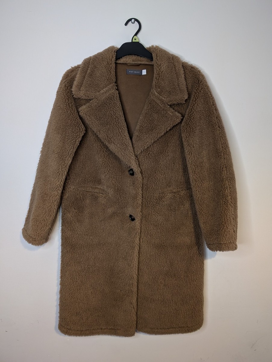 Mint Velvet Faux Fur Long Coat Wool Mix Teddy Bear Brown Size