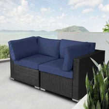 Blue 2 Pieces Patio wicker rattan  Thick Couch  Furniture Sets,for Balcony,Pool