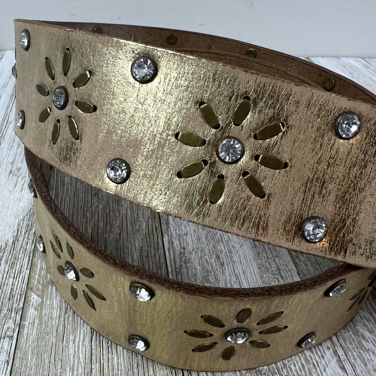 Boston Proper Embellished Gold Metallic Leather Belt Western Rodeo Boho Cowgirl Gold Belt Leather Boho Studded Bling Rodeo Cowgirl Medium  main image 3