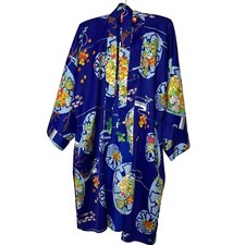 Kimono Style Robe Womens One Size Purple Asian Print Wrap Matching Belt Pockets