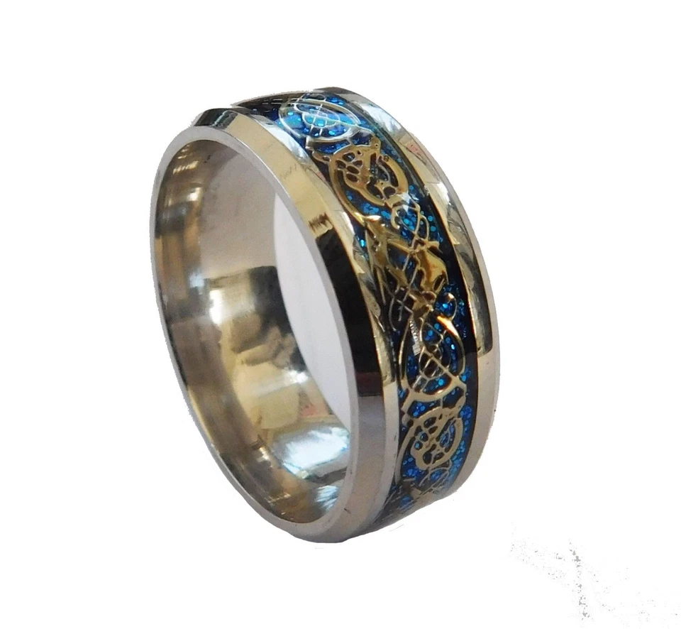 MENDEL Mens Celtic Blue Stainless Steel Dragon Wedding Band Ring For Men Women - Image 2 of 4