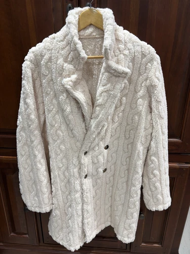 OFF WHITE Maglione Cappotto Donna XL Avorio Maglia Cavo con 2 Bottoni Doppiopetto