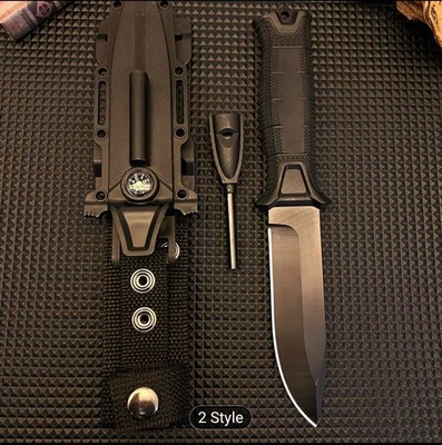 Tactical Black Outdoor Survival Fixed Blade Knife, Sheath, Fire Starter, Compass