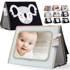 Soft Tummy Time Book w/ Large Stimulating Baby Safe Mirror - Medium, Pastel
