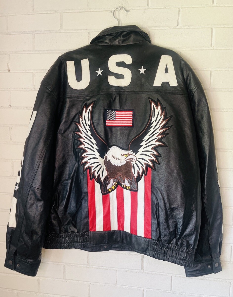 USA Interstate Leather Motorcycle Eagle Black Jacket Men's 3XL
