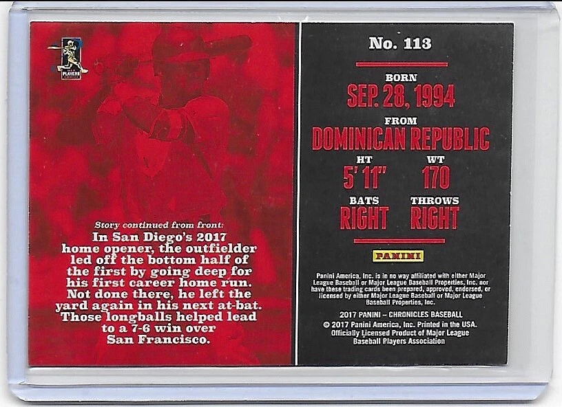 2017 panini chronicles baseball green foil /199 Manuel Margot RC #113 - Image 2 of 2