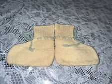 Vtg knit baby booties 1930s-40s ivory w/ blue yarn cinch tie at ankles