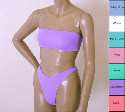 80s 90s High Leg Thong Bikini Bottom and Bandeau Top in 7 Pastel Colors