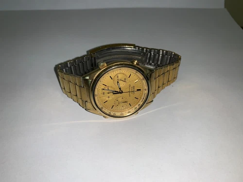 VTG 1980s Seiko Chronograph Watch Men 37mm Gold Dial + Band NICE - WORKS!
