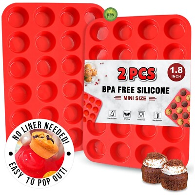 2 Pcs Mini Muffin Cupcake Pan 24 Cups Silicone Baking Tray Nonstick BPA-Free