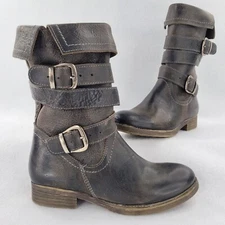 ROAN Boots Womens 6 Brown Lola Buckle Pebbled Leather Roll Top Biker Bootie