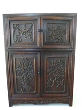 Rare Antique 1900's Chinese carved wood Miniature Panel Cabinet Chest 17x12x6"