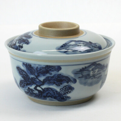 Donburi Sansui 13 cm Ø, Deckelschale mit nostalgischem Landschaftsmotiv