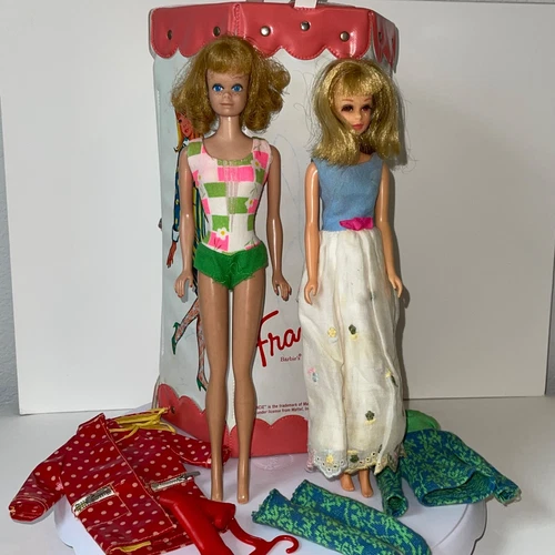 Vintage Mattel LOT FRANCIE 1965 Pink Hexagon Case and MIDGE Doll and Raincoat