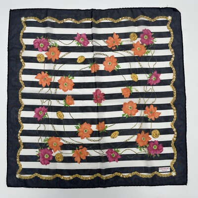 KKUSEBO Paris 100% Silk Scarf Blue Floral Pattern Striped Chiffon