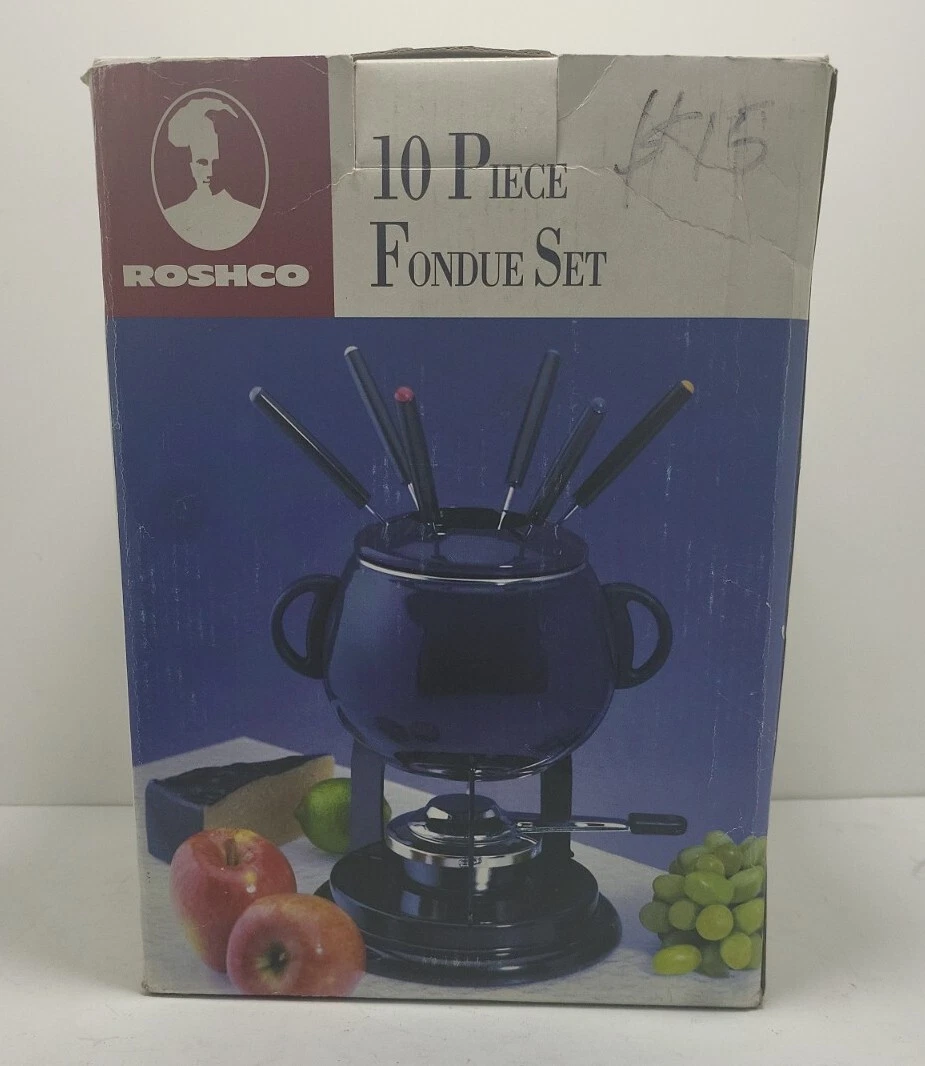 Roschco Blue Porcelain Enamel Fondue Pot 10 Piece Set 58918BL New Open Box