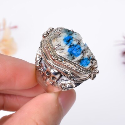 k2 Jasper Gemstone Handmade Skull Coffin Poison Ring 925 Silver CoffiPoison Ring