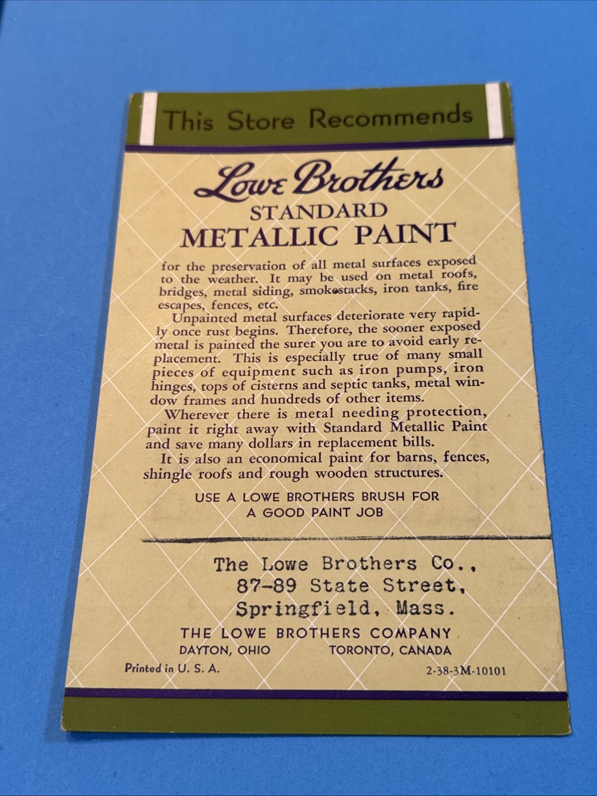 1938 Lowe Brothers Metal Bridge, Smokestack shutters Paint Sample chip brochures