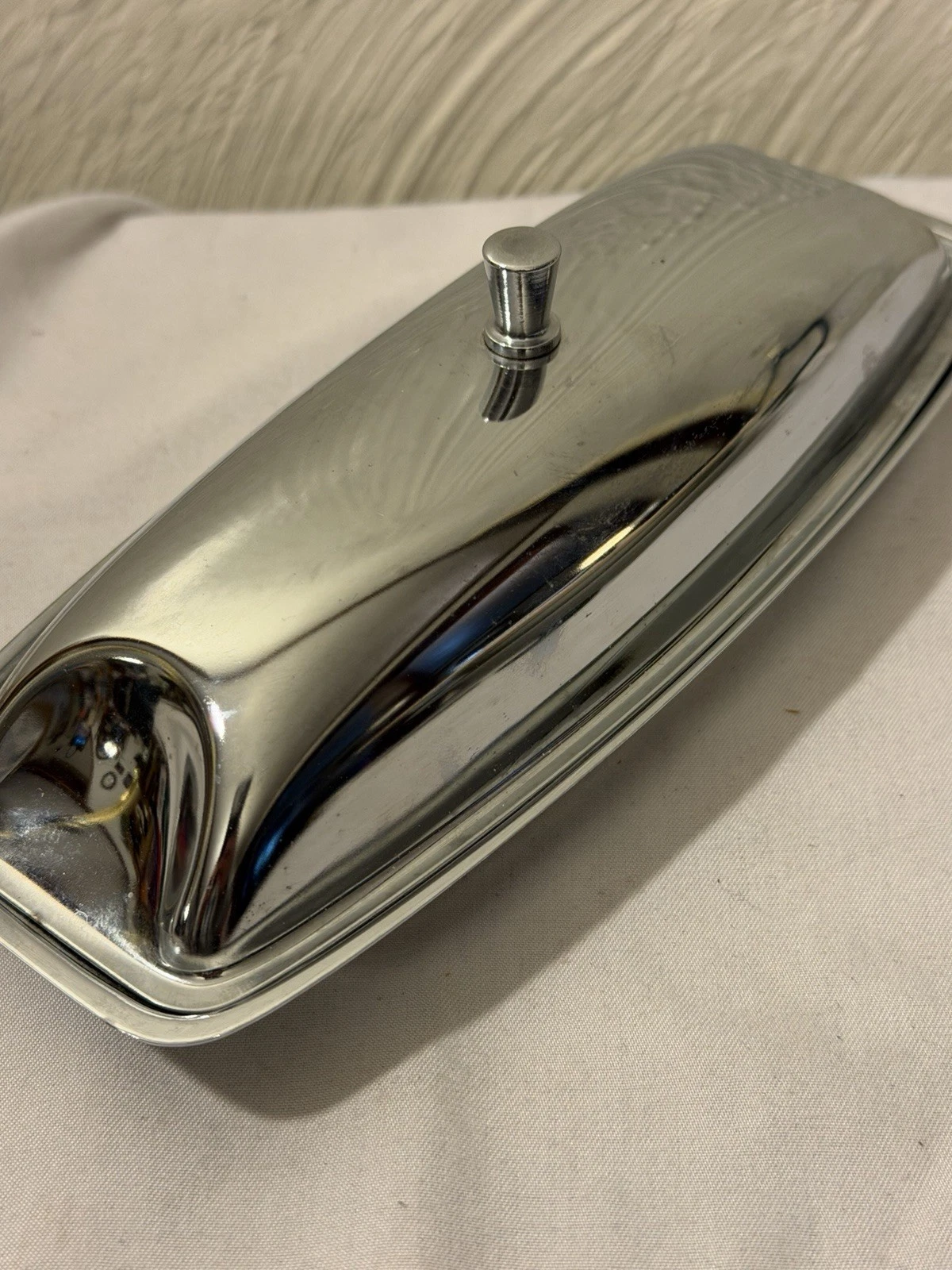 Vintage Mid Century 1960's Chrome Metal Butter Dish With Lid Glass Lining EUC