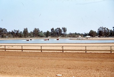sl47 Original slide 1950 s Red Kodachrome power racing speed boats 426a