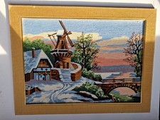 Quadro Mezzo Punto Lana Vintage - Paesaggio Invernale con Mulino - Cornice Legno