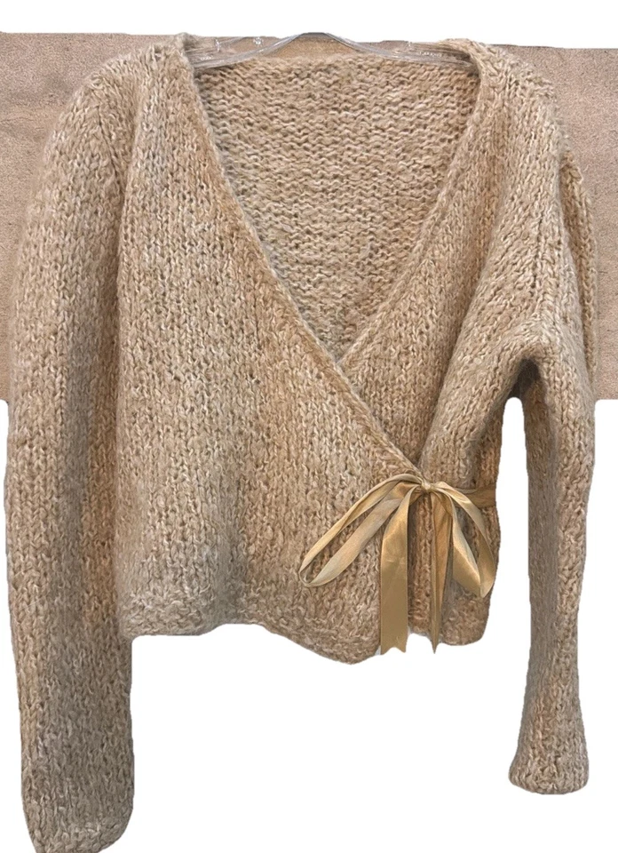 Suéter envolvente de cinta tejido a mano avena fiesta navideña vintage talla M/L Foto 3 de 4