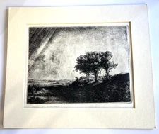 Hand Printed Rembrandt Restrike of Dry point Etching "The Three Trees"
