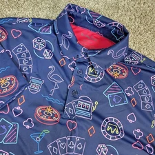 Birdie Bound Mens Small Navy AOP Gambling Las Vegas Performance Stretch Polo SS
