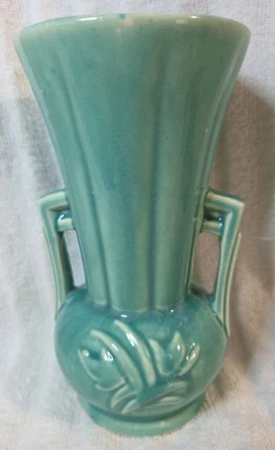 Mccoy Pottery Aqua Blue Teal Double Handle Vase 1940s SEE DESCRIPTION