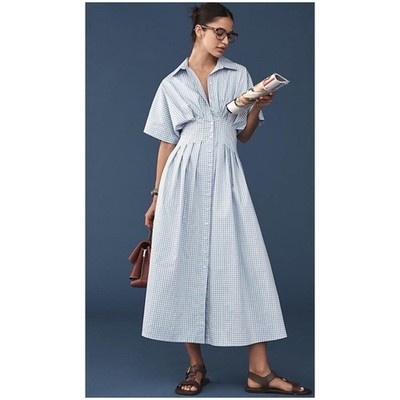 Exquise Anthropologie Midi Shirt Dress Tobie Blue Pleated X Large | eBay