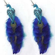 2PCS Peacock Christmas Ornament Glittered Bird with Feather Xmas Tree Decoration