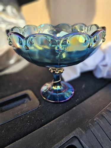 Indiana Blue Iridescent Carnival Glass Compote Fruit Pedestal Bowl ~ Vintage