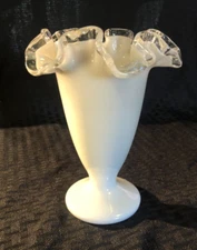 Vintage Fenton Silver Crest Milk Glass Trumpet Vase 6.5" Ruffle Edge