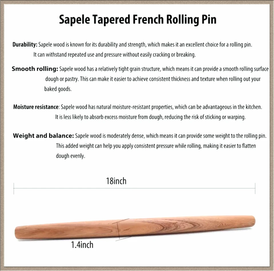 Sepele Wood French Rolling Pin 18" Dough Handmade Laser Engraving Customized - Image 3 of 4