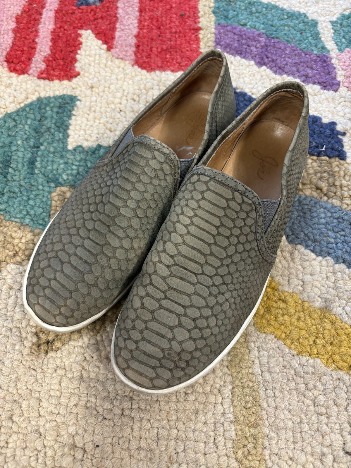 Joie Kidmore Gray Snake Leather Round Toe Slip On Flat Loafer Shoe