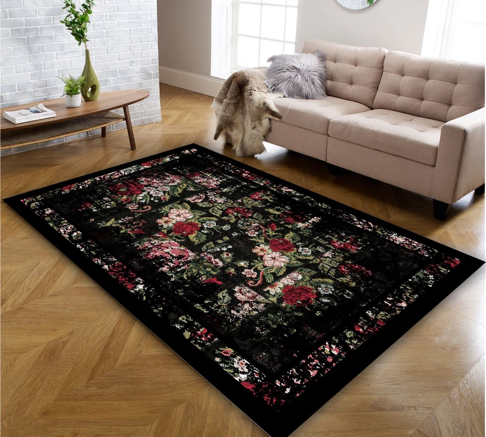 Traditional Rug, Black Rug, Non Slip Washable Area Rug, Rose Theme Floral Carpet - Image 2 of 4