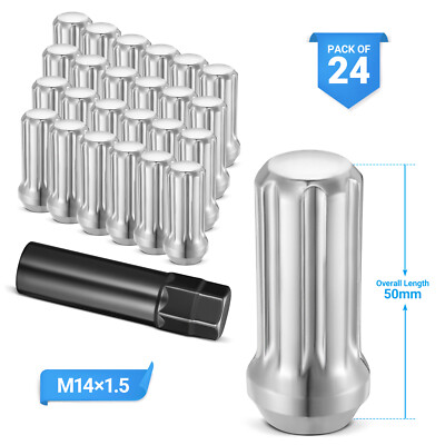 (24) 14x1.5 Chrome Spline Wheel Lug Nuts w/ Two Keys for Silverado Sierra Yukon