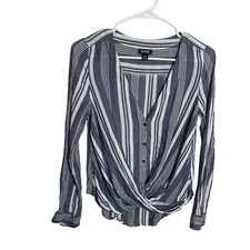 ANA A New Approach Blouse Women's XS Striped V-Neck Button Wrap Shirt Top