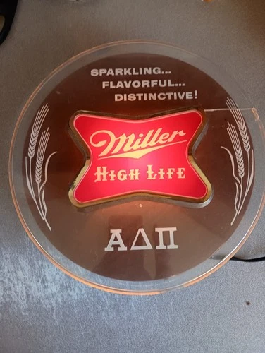 Vintage Miller High Life Beer Lighted Round Bar Sign Works, Alpha Delta PI Logo!
